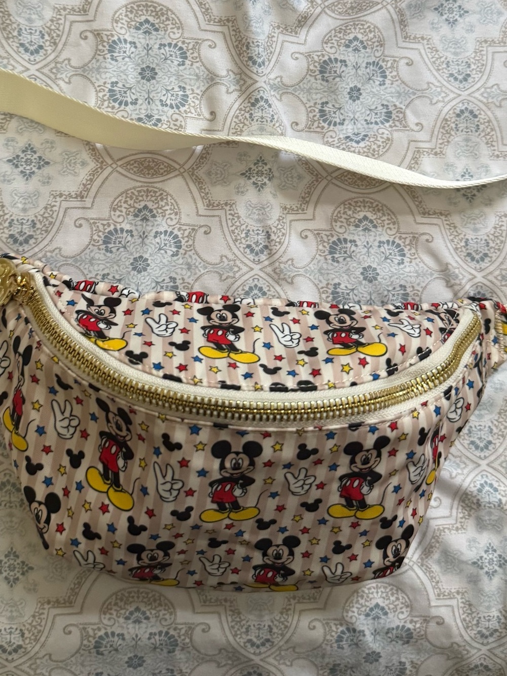 Stoney Clover Lane Mickey Mouse Print Crossbody Bag in Cream, Red, Yellow, Black